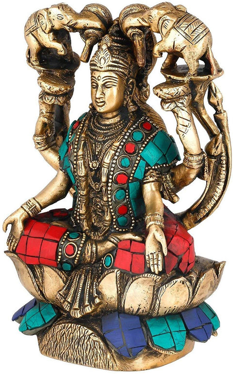 7" Goddess Lakshmi Statue Seated on Lotus with Inlay in Brass | Handmade | Made in India