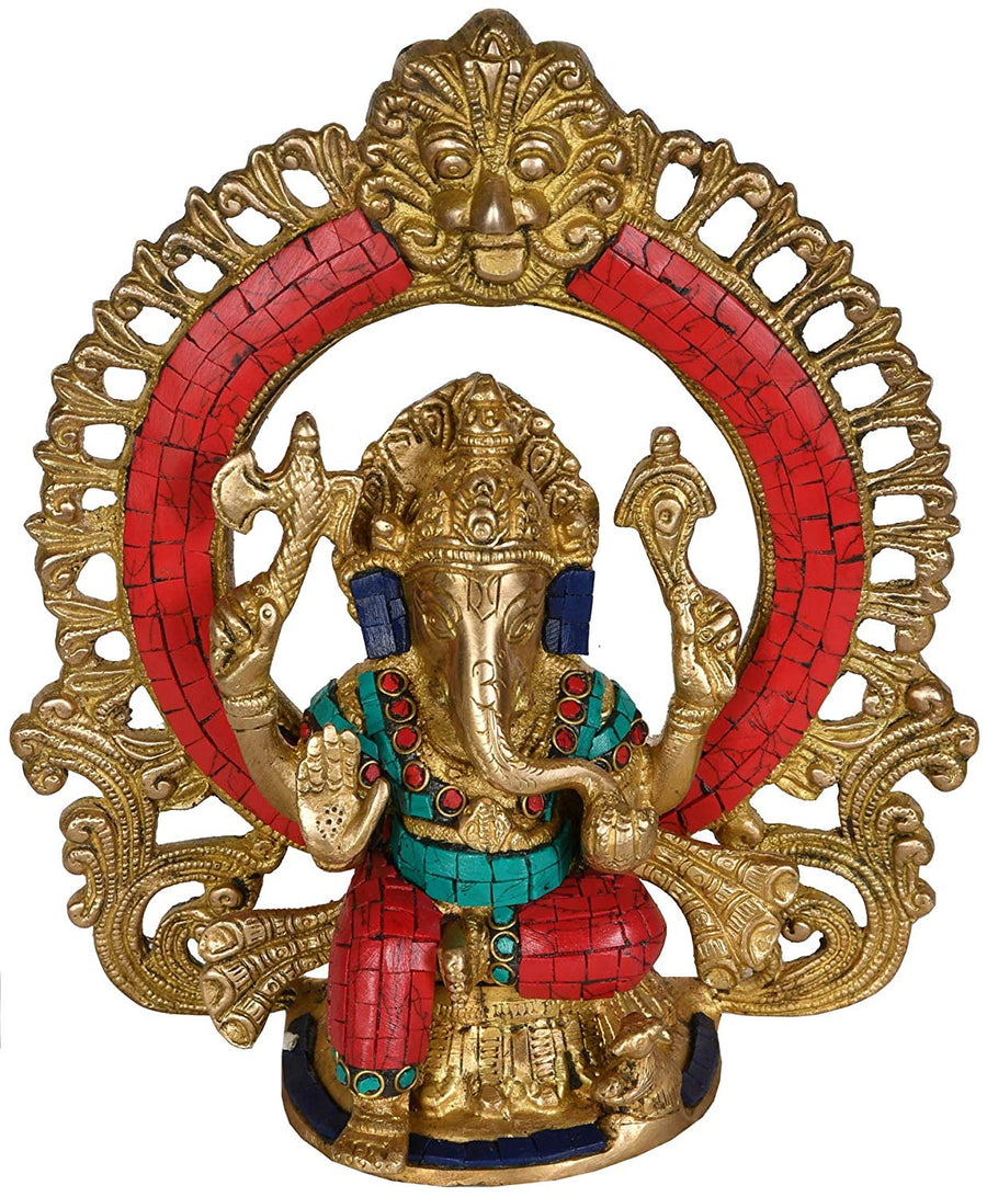 9" Blessing Ganesha Seated on Chowki Brass Statue with Aureole
