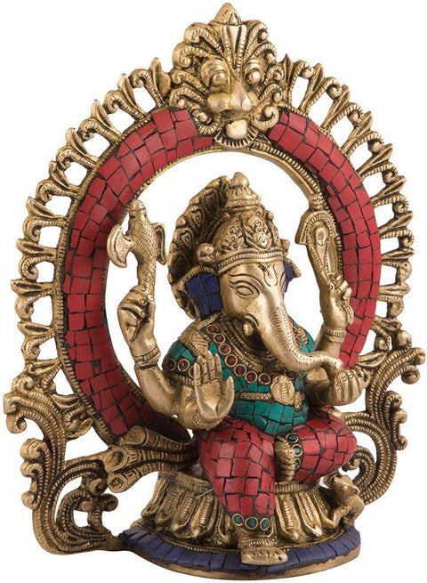 9" Blessing Ganesha Seated on a Chowki With Aureole In Brass | Handmade | Made In India