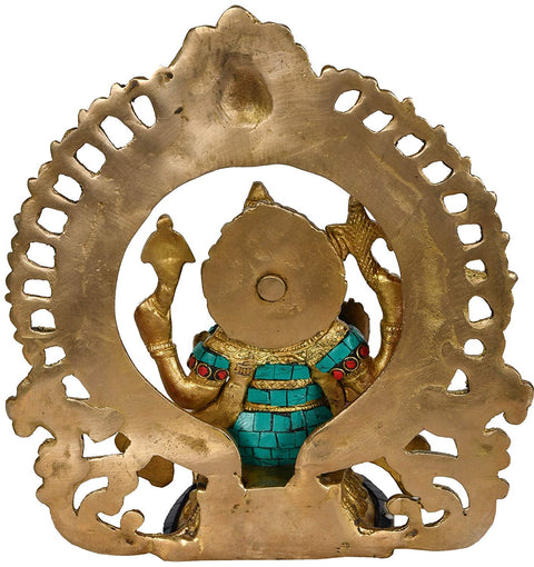 9" Blessing Ganesha Seated on a Chowki With Aureole In Brass | Handmade | Made In India