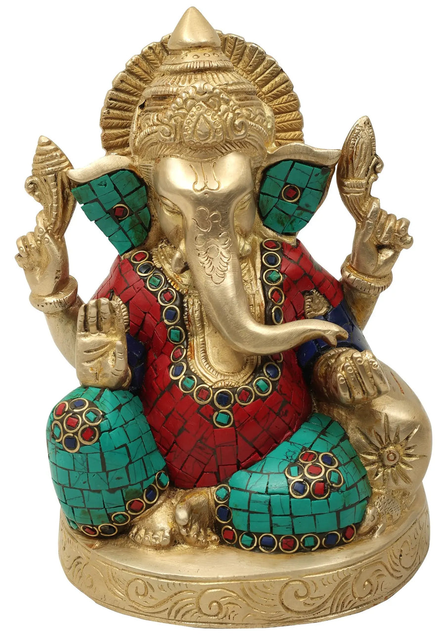 6" Blessing Ganesha Brass Idol Handmade with Inlay
