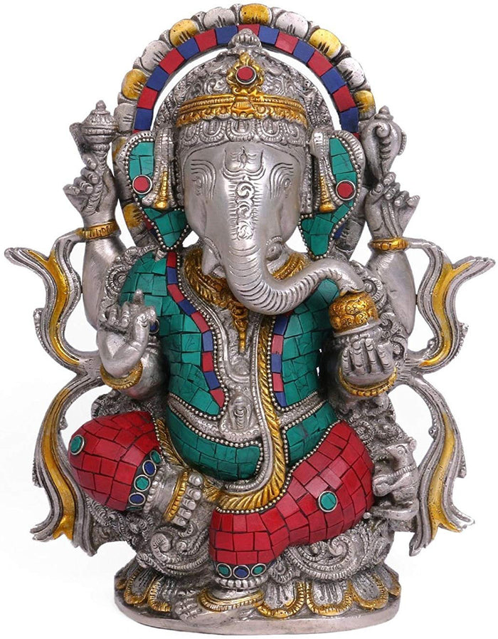 7" Lord Ganesha Enjoying Modak Brass Statue Handmade