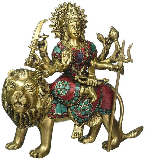 11" Goddess Durga Seated on Lion In Brass | Handmade | Made In India