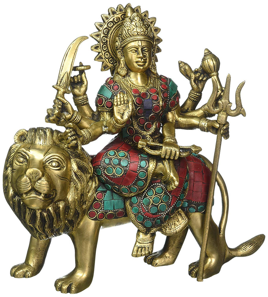 11" Goddess Durga Seated on Lion Brass Statue Handmade