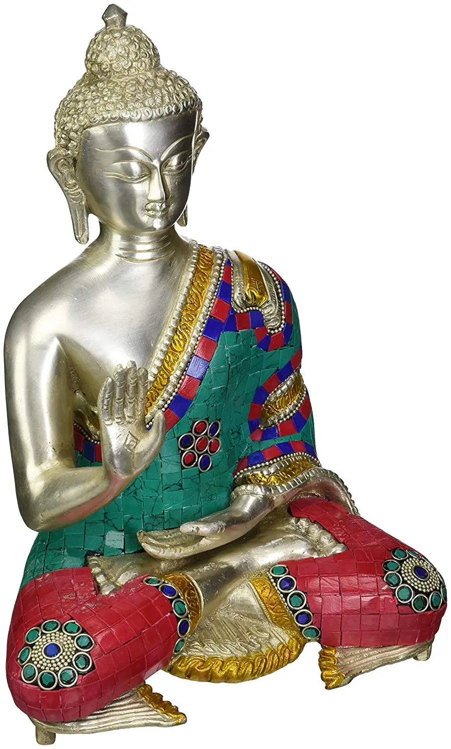 11" Blessing Buddha Brass Statue with Inlay Handmade