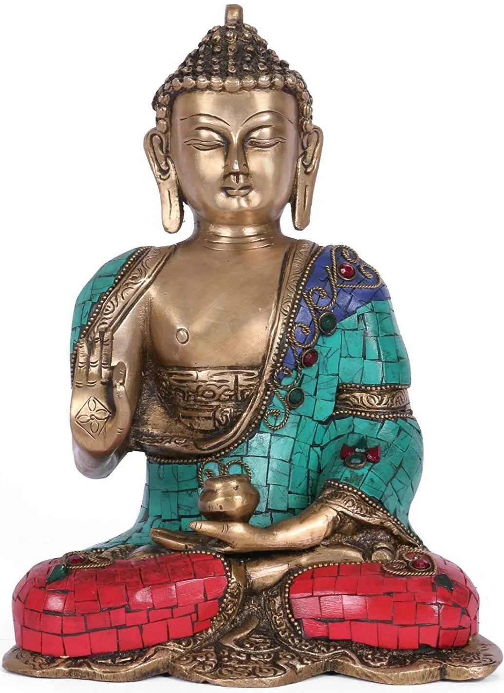 9" Abhaya Buddha with Inlay In Brass | Handmade | Made In India
