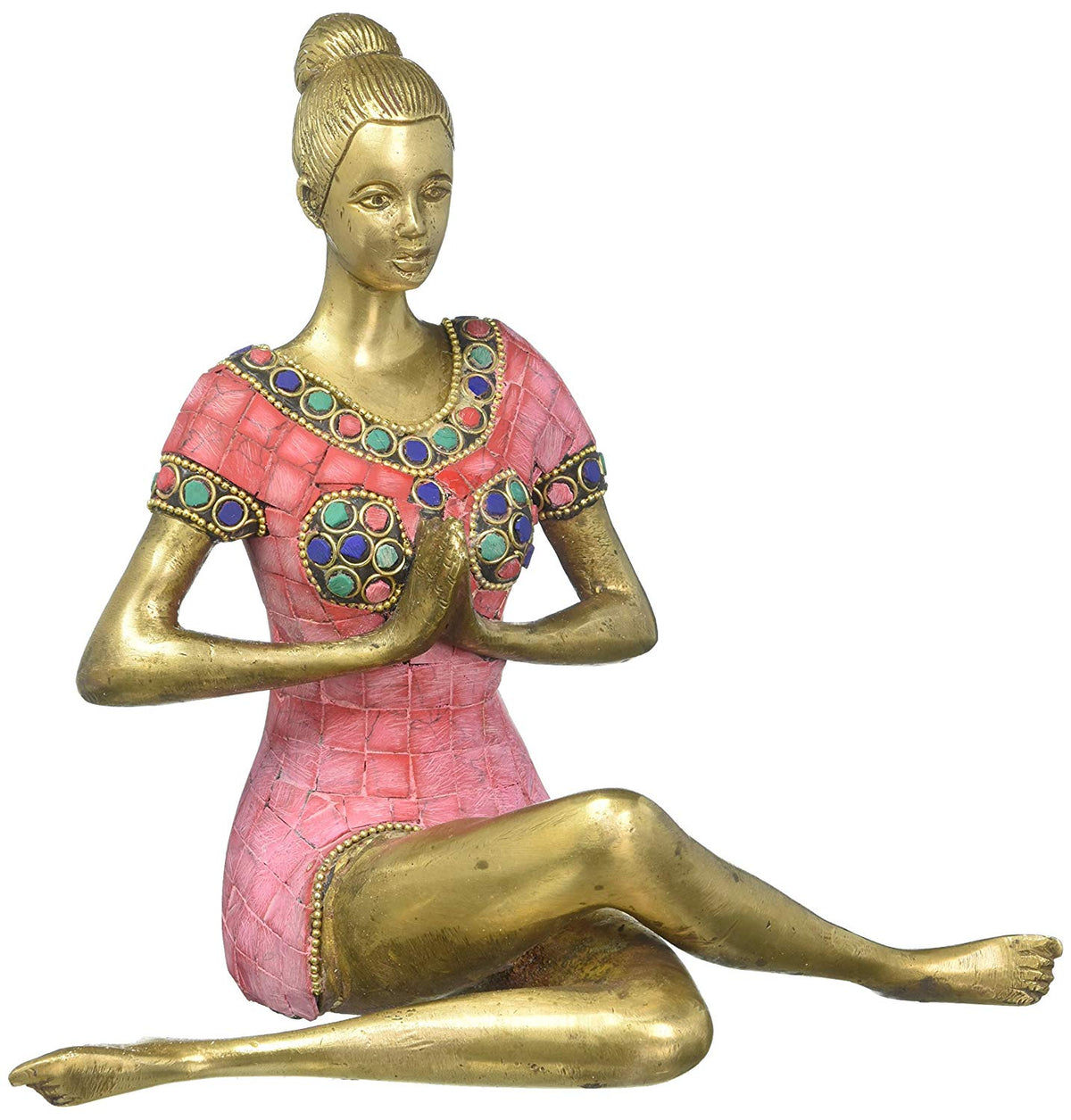 9" Namaste Yoga Lady Brass Idol with Inlay Work | Handcrafted Serenity Sculpture | Handmade