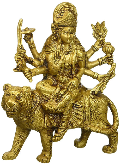 6" Goddess Durga Seated on Lion Brass Statue Handmade