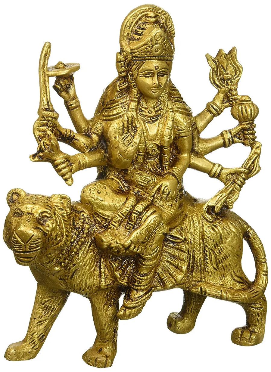 6" Goddess Durga Seated on Lion Brass Statue Handmade