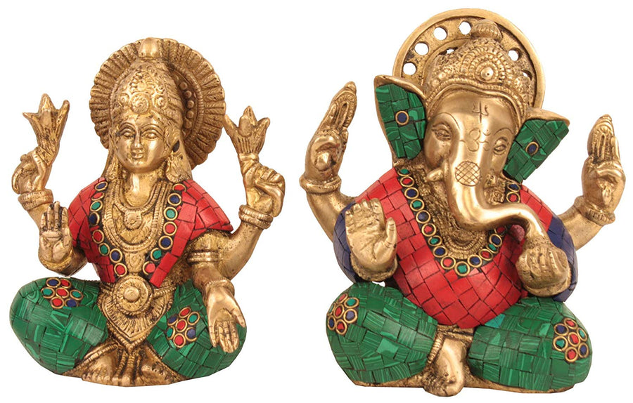 7" Handmade Ganesha and Lakshmi Brass Statue with Inlay Work