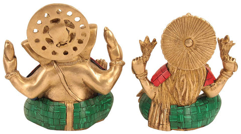 7" Lord Ganesha and Goddess Lakshmi Brass Statue with Inlay work | Handmade | Made in India