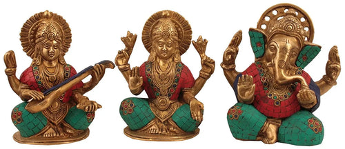 7" Lakshmi Ganesha Saraswati Inlay Brass Statue Handmade