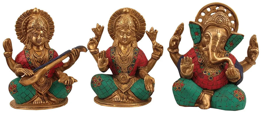 7" Lakshmi Ganesha Saraswati Inlay Brass Statue Handmade