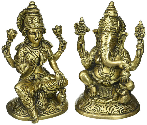 6" Handmade Lakshmi Ganesha Brass Idol for Pooja