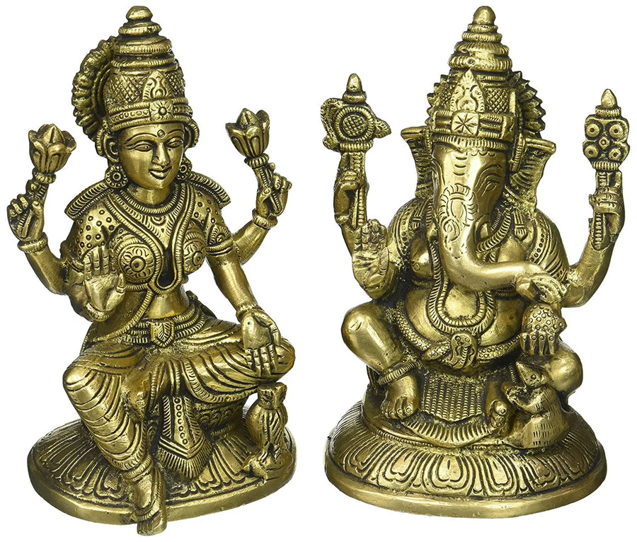 6" Handmade Lakshmi Ganesha Brass Idol for Pooja