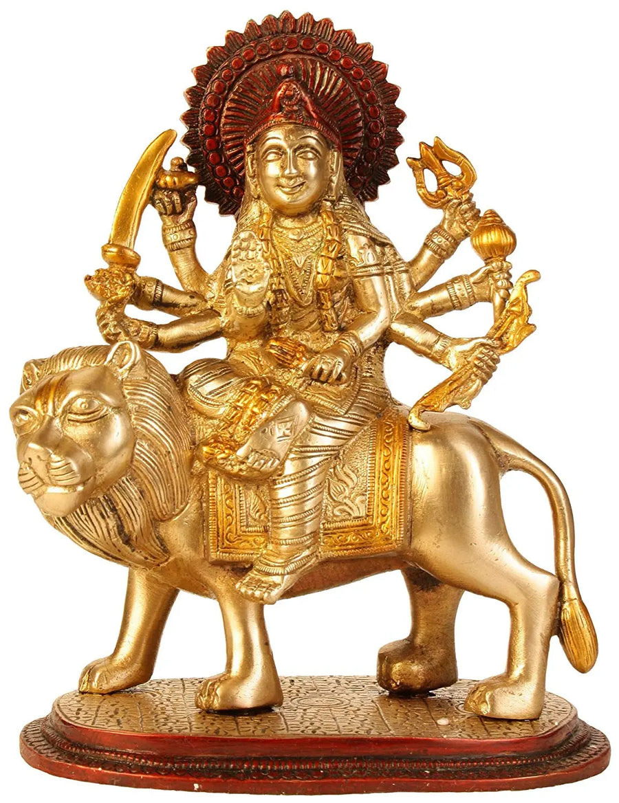 8" Brass Goddess Durga Seated on Lion Handmade Statue