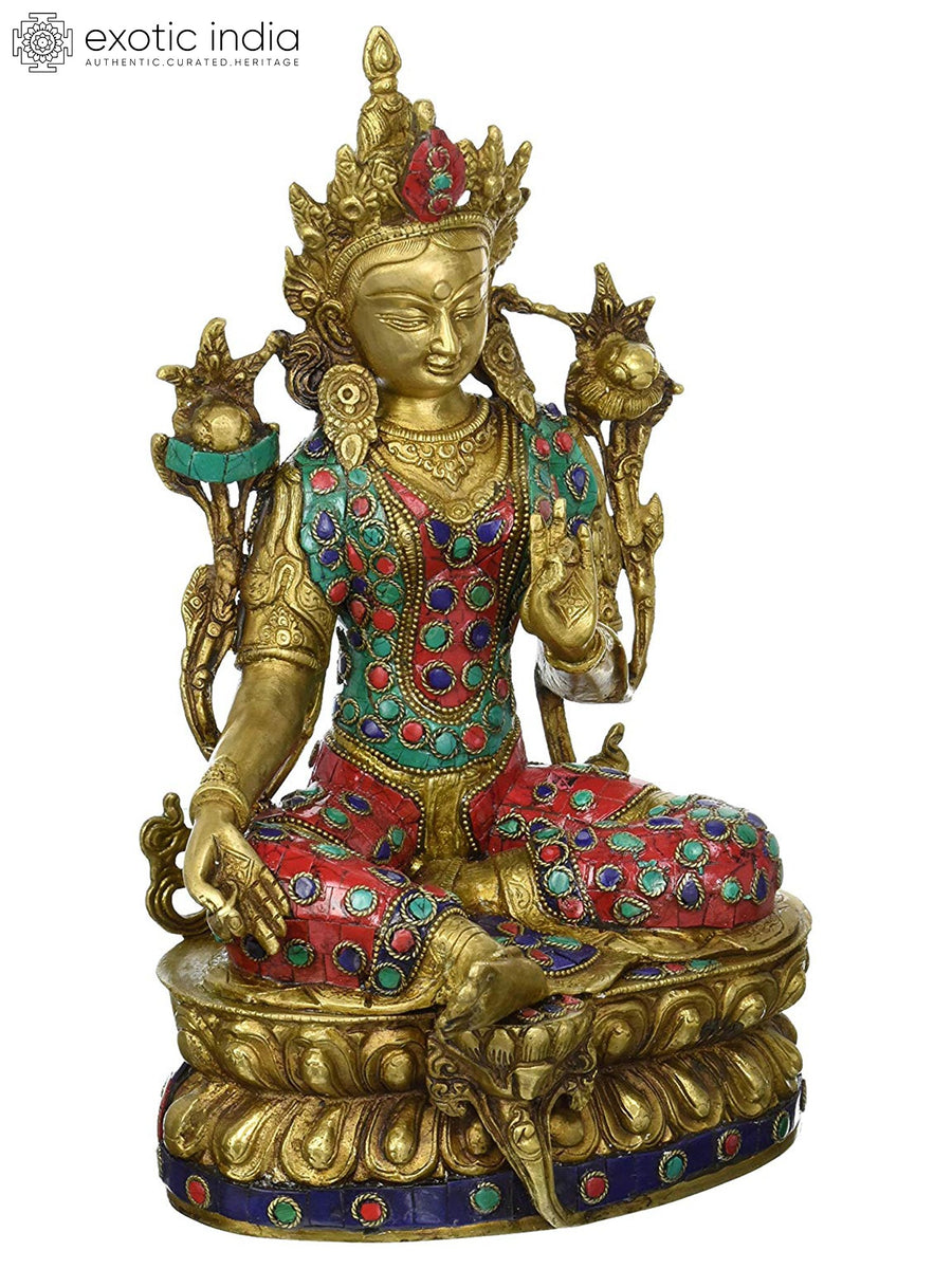 12" Green Tara Brass Statue - Tibetan Buddhist Deity Handmade