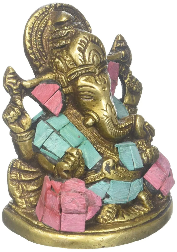 3" Blessing Ganesha with Inlay In Brass | Handmade | Made In India