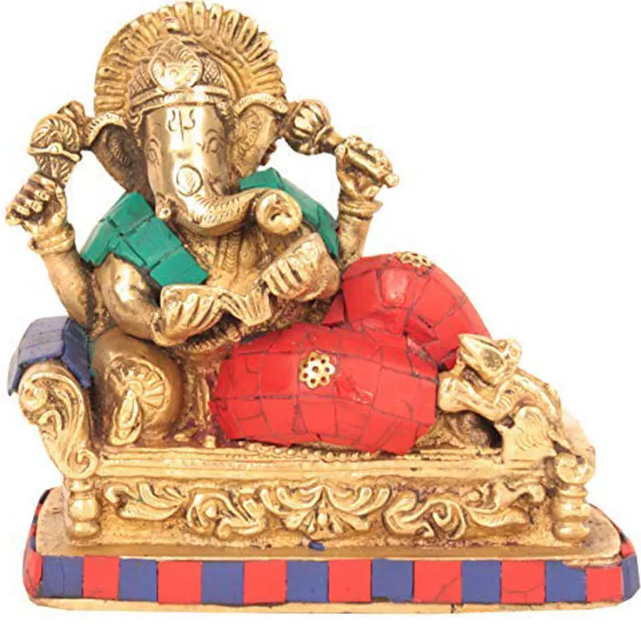 5" Handmade Lord Ganesha Brass Idol Reading Ramayana