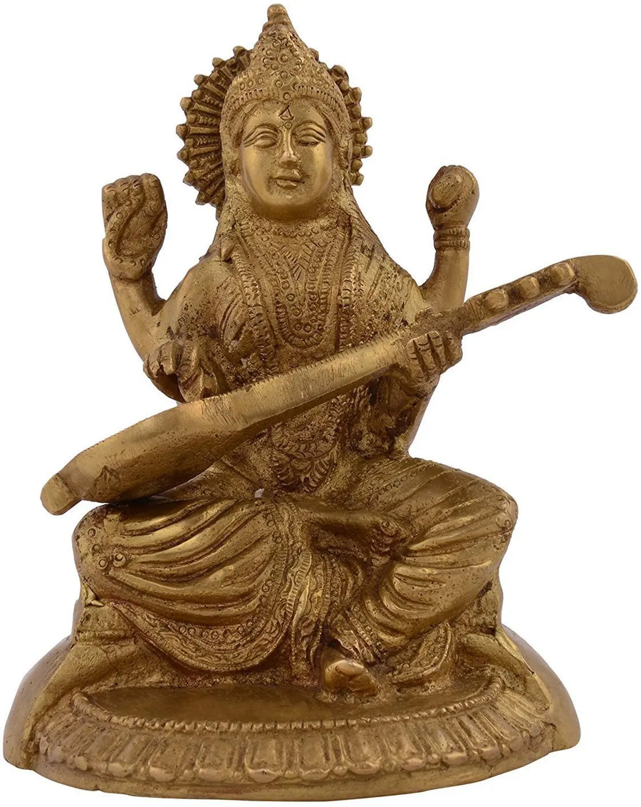 5" Brass Goddess Saraswati Idol with Veena Handmade