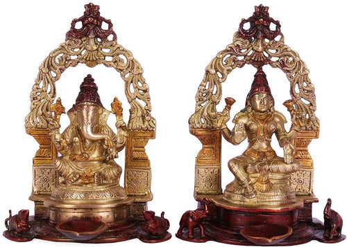 9" Handmade Ganesha and Lakshmi Brass Statue Set