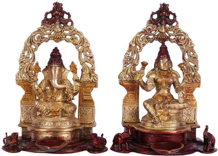 9" Lord Ganesha and Goddeess Lakshmi In Brass | Handmade | Made In India