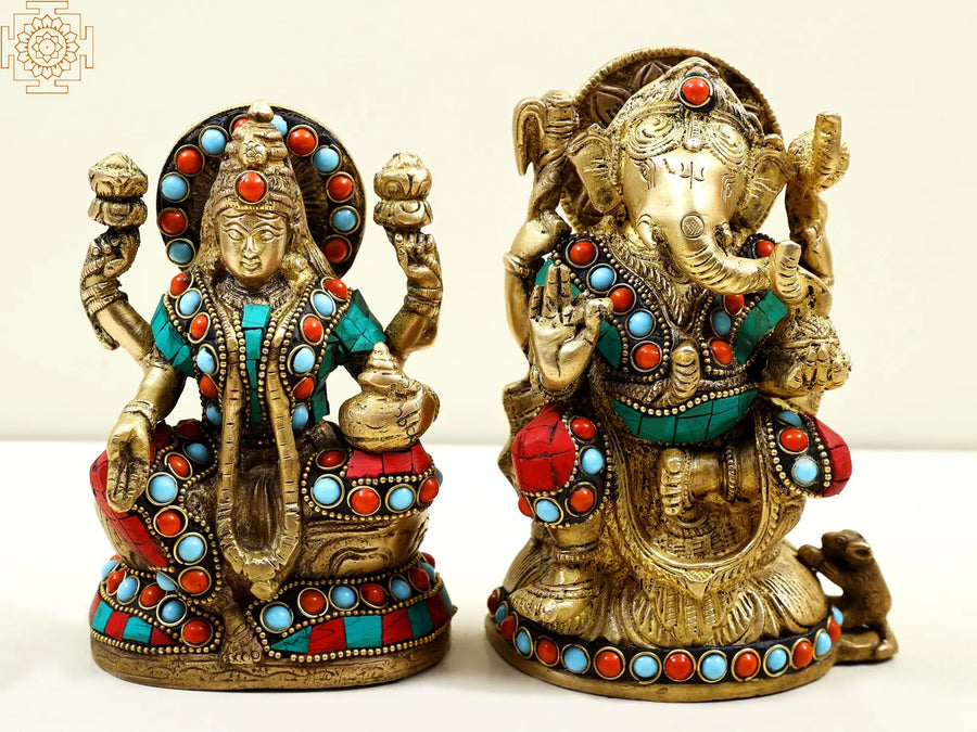 6" Brass Ganesha Lakshmi Statue Handmade Home Decor