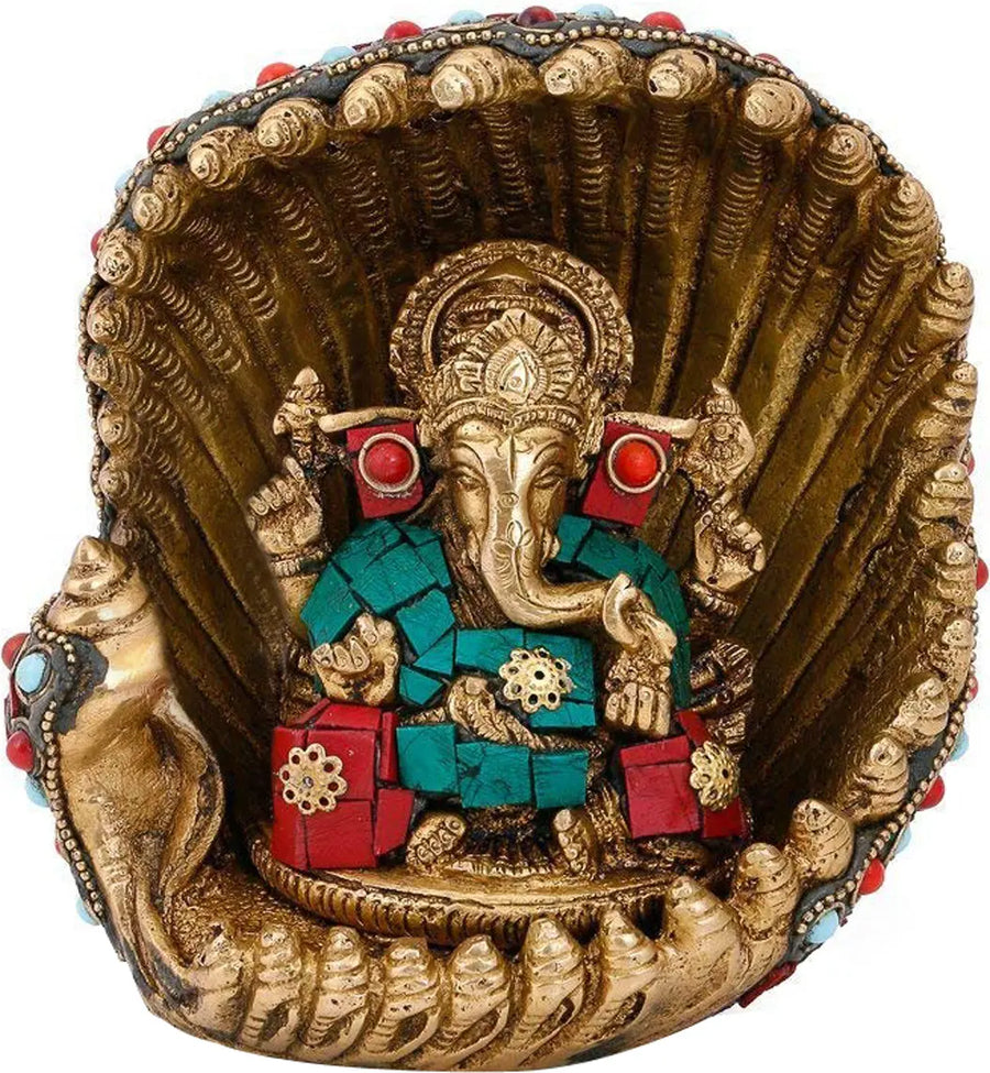 6" Handmade Brass Lord Ganesha Idol with Conch Throne