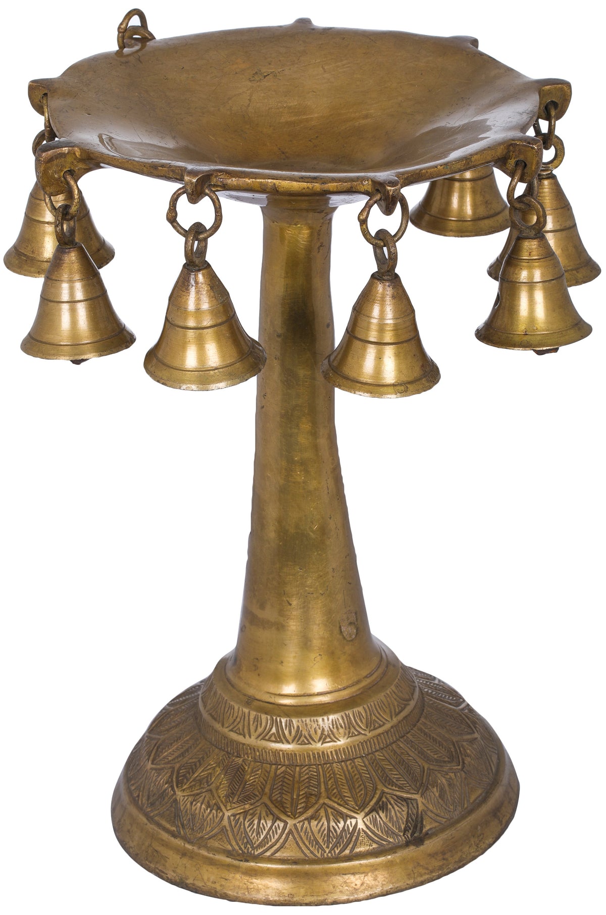 11" Butter Puja Lamp with Bells in Brass | Handmade | Made in India