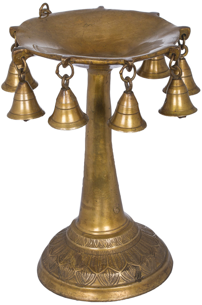 11" Brass Butter Puja Lamp with Bells Handmade Statue