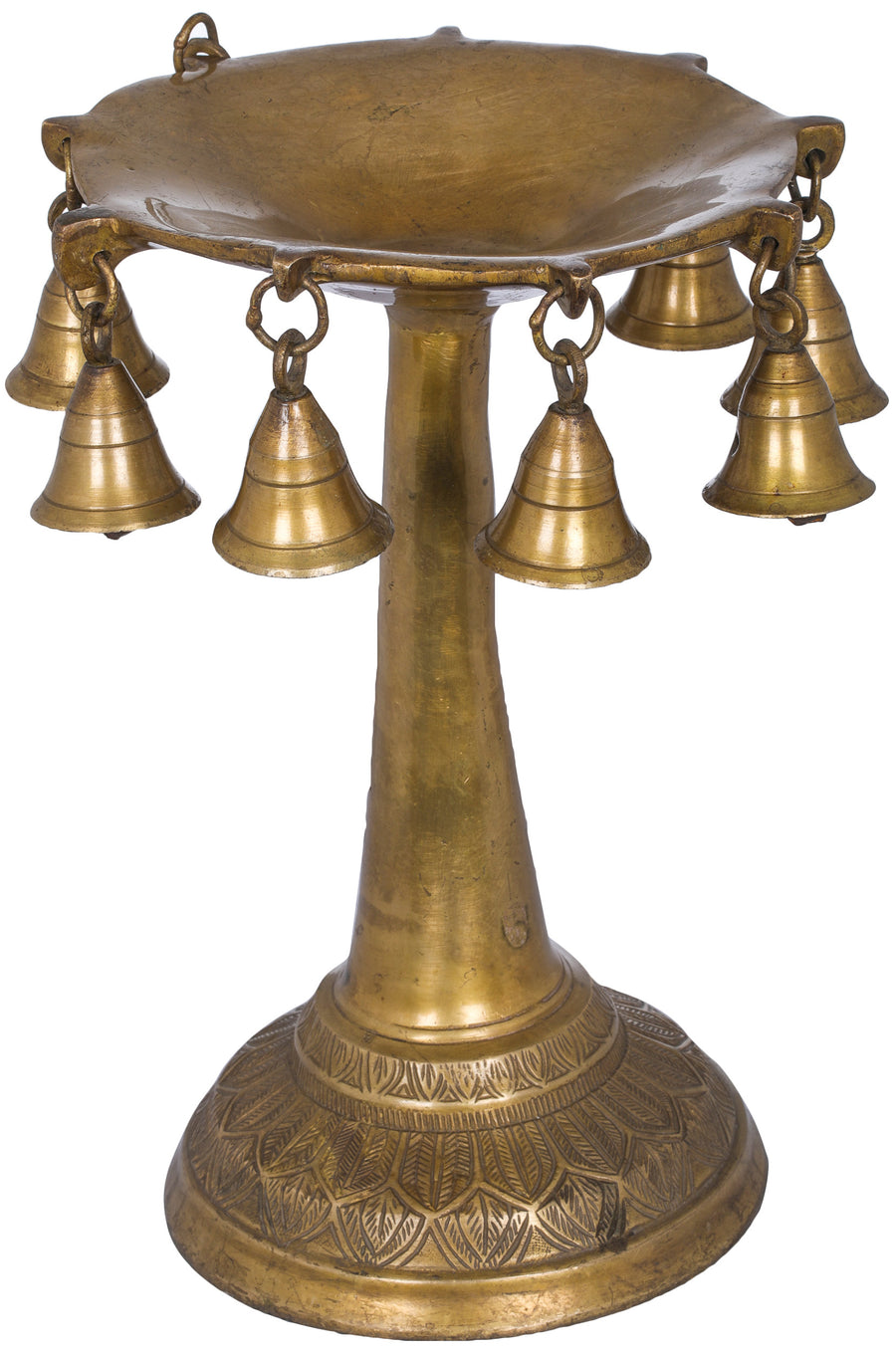 11" Brass Butter Puja Lamp with Bells Handmade Statue