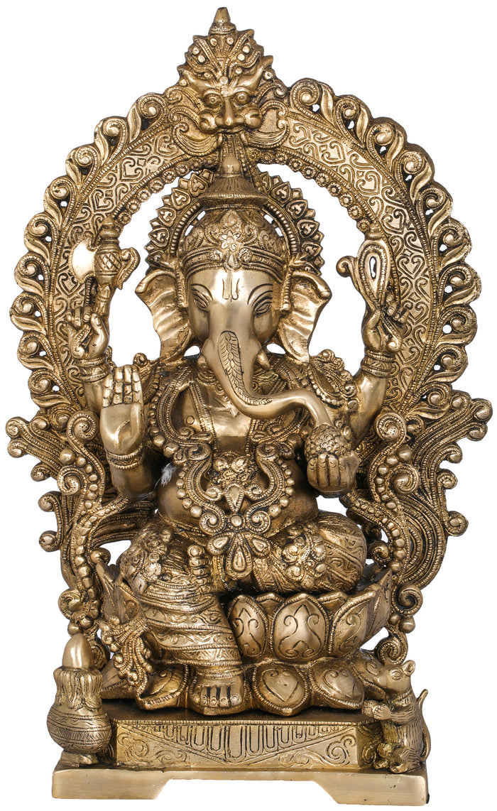17" Lord Ganesha Seated on Lotus Brass Statue with Kirtimukha Aureole