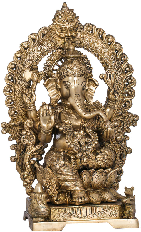 17" Lord Ganesha Seated on Lotus Seat With Kirtimukha Aureole In Brass | Handmade | Made In India