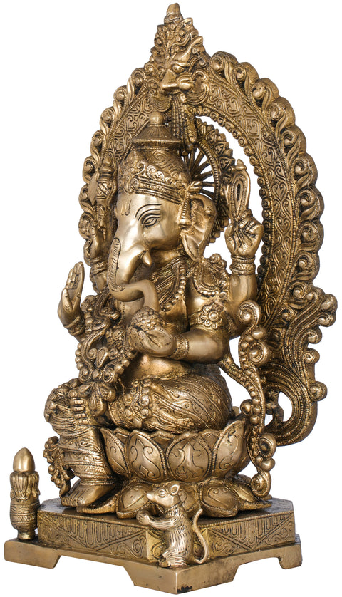 17" Lord Ganesha Seated on Lotus Seat With Kirtimukha Aureole In Brass | Handmade | Made In India