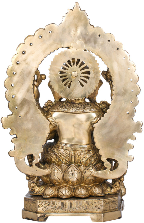 17" Lord Ganesha Seated on Lotus Seat With Kirtimukha Aureole In Brass | Handmade | Made In India