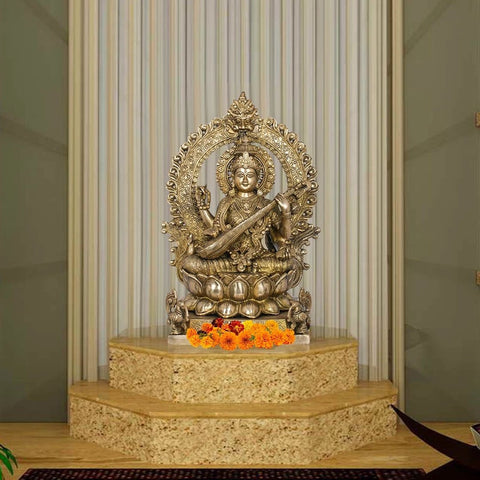 16" Goddess Saraswati Seated on Lotus Seat with Kirtimukha Aureole in Brass | Handmade | Made in India