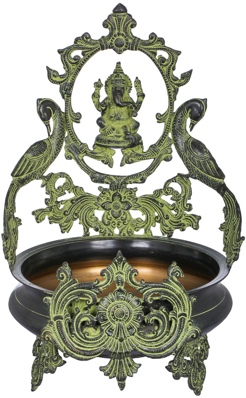 20" Brass Ganesha Urli with Peacocks Handmade Statue
