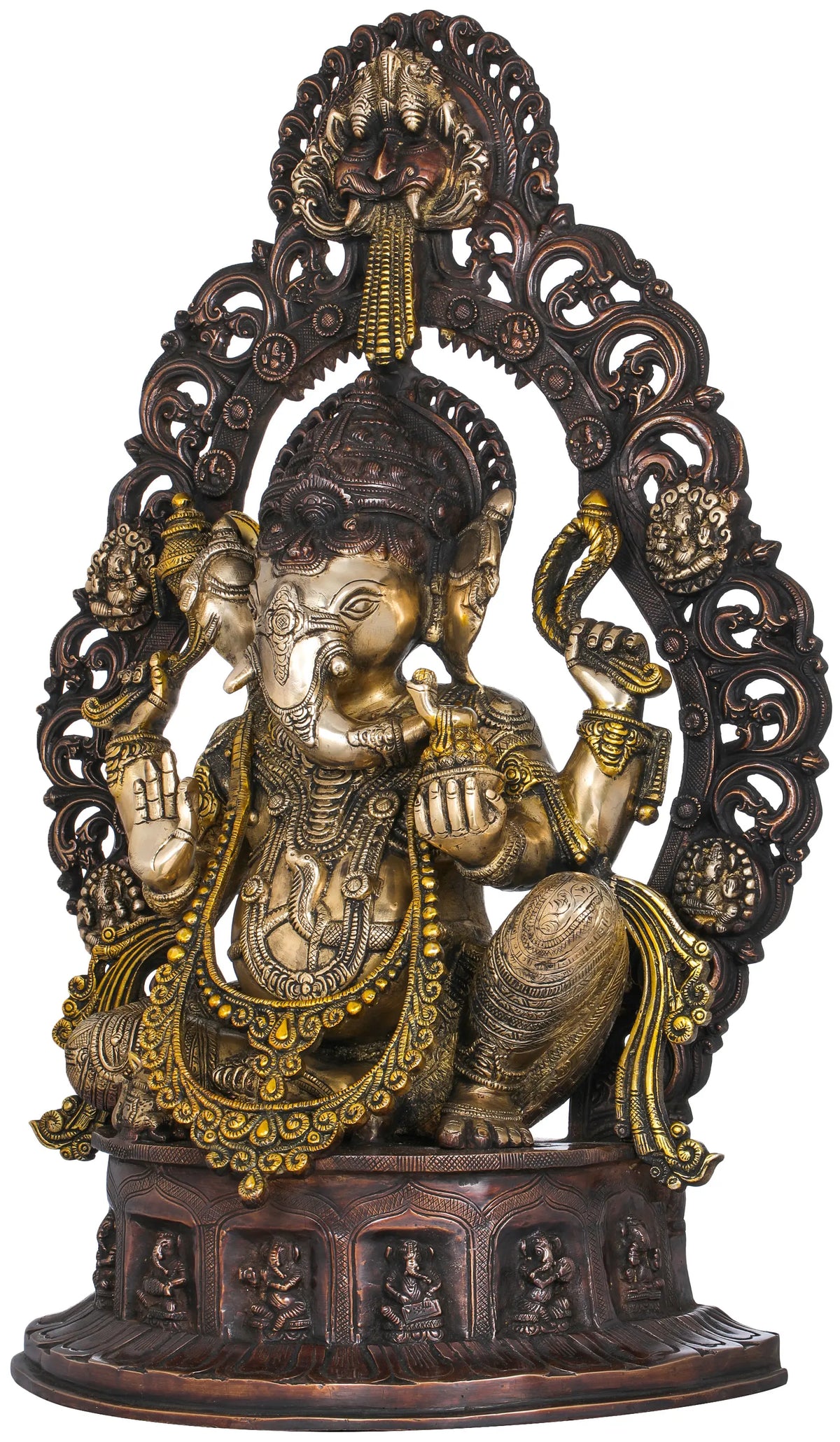 25" Ganesha Seated on Musicial Ganesha Base With Impressive Kirtimukha Aureole In Brass | Handmade | Made In India