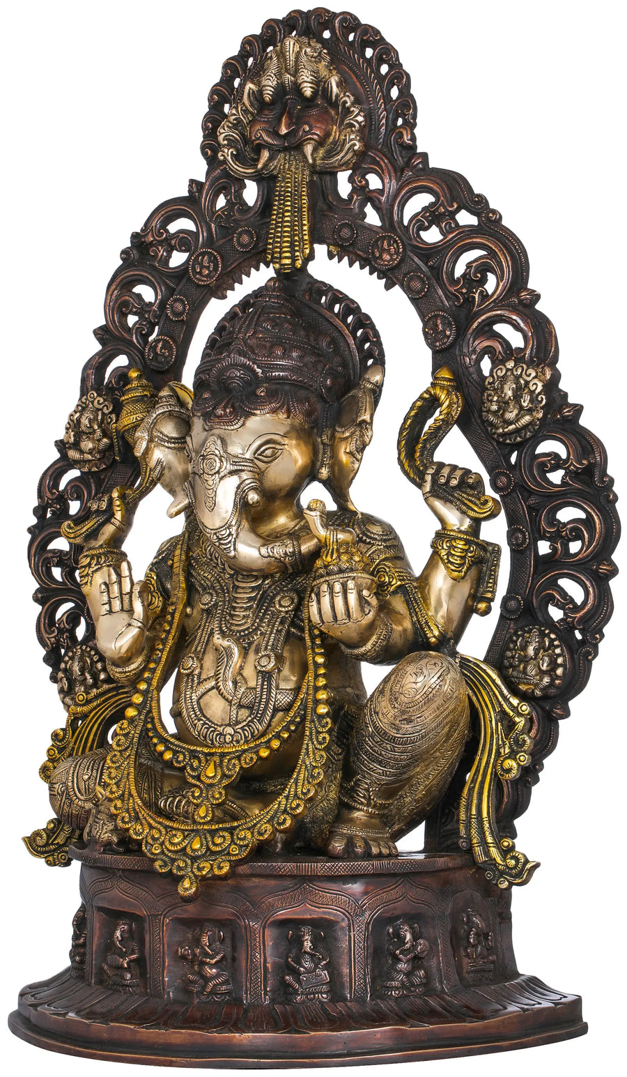 25" Handmade Ganesha Brass Statue With Kirtimukha Aureole Seated On Musical Base
