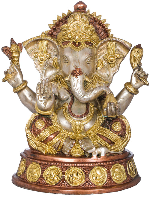 11" Ashirwad Ganesha Seated on Ashtaganesha Chowki Brass Statue