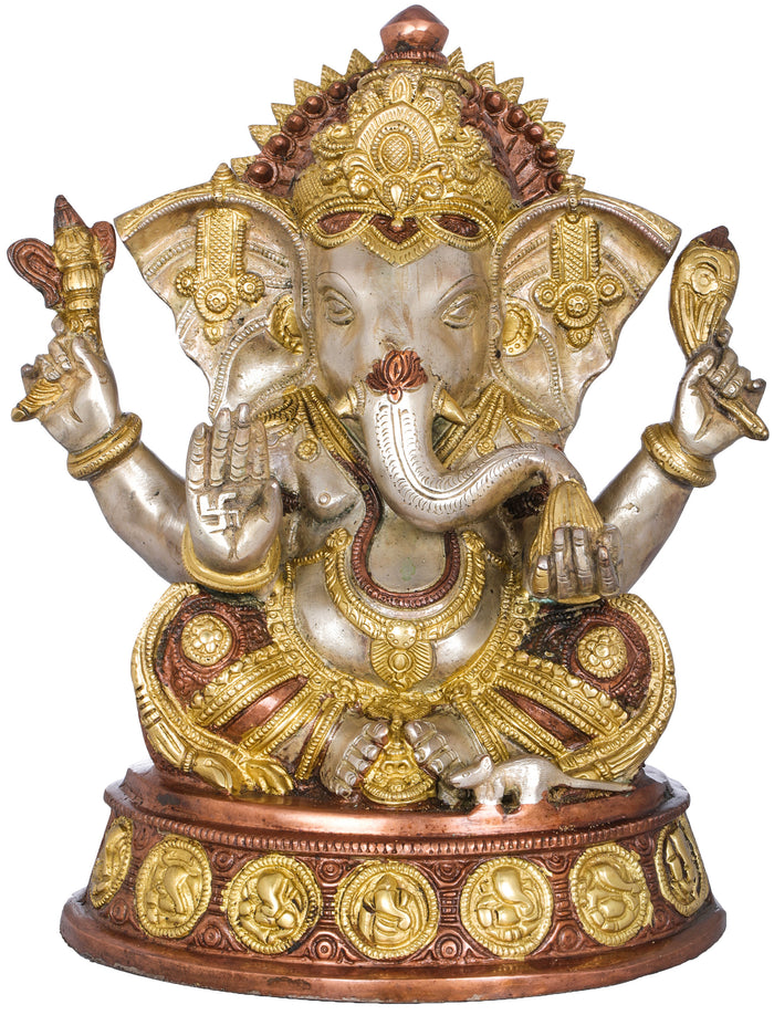 11" Ashirwad Ganesha Seated on Ashtaganesha Chowki Brass Statue
