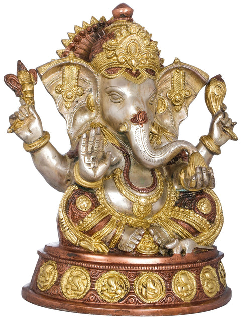 11" Ashirwad Ganesha Seated on Ashtaganesha Chowki In Brass | Handmade | Made In India