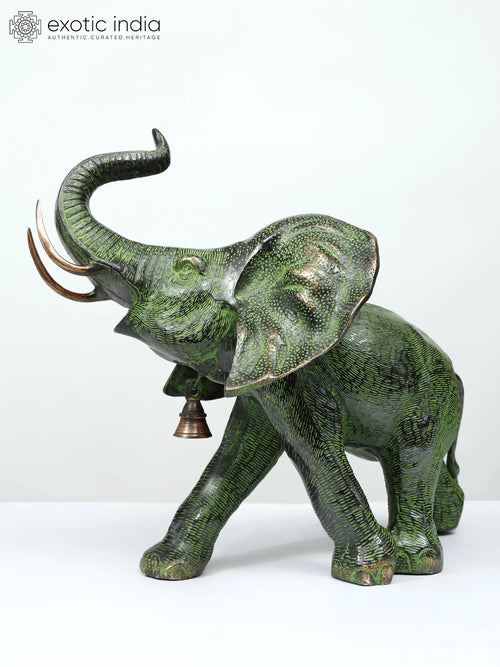 15" Young Trumpeting Elephant Brass Statue with Long Tusks