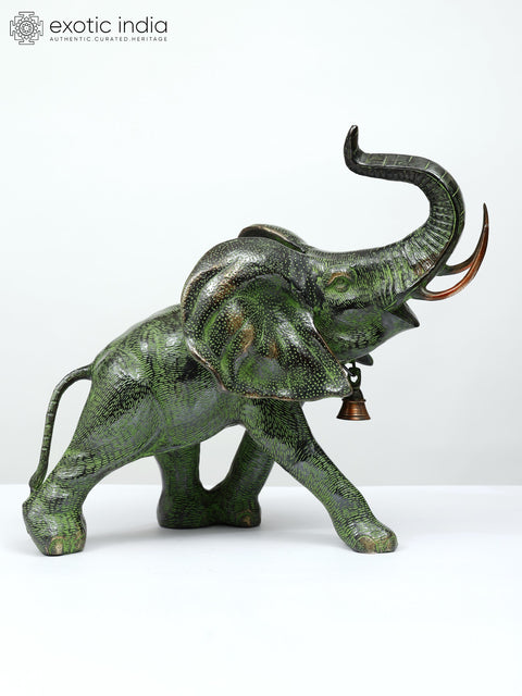 15" A Young Trumpeting Elephant With Long Tusks in Brass