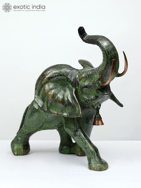 15" A Young Trumpeting Elephant With Long Tusks in Brass