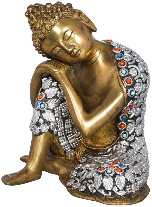 6" Buddha in Deep Thoughts Tibetan Brass Statue Handmade