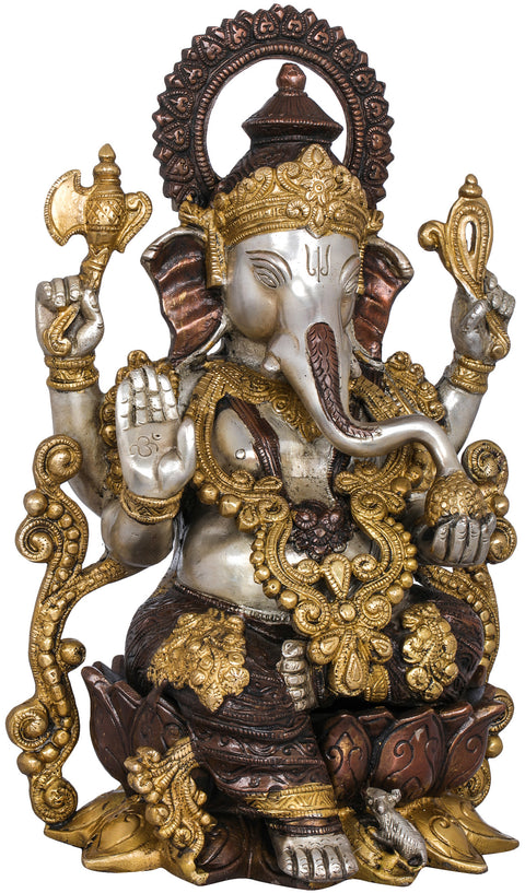 13" Kamalasana Lord Ganesha In Brass | Handmade | Made In India