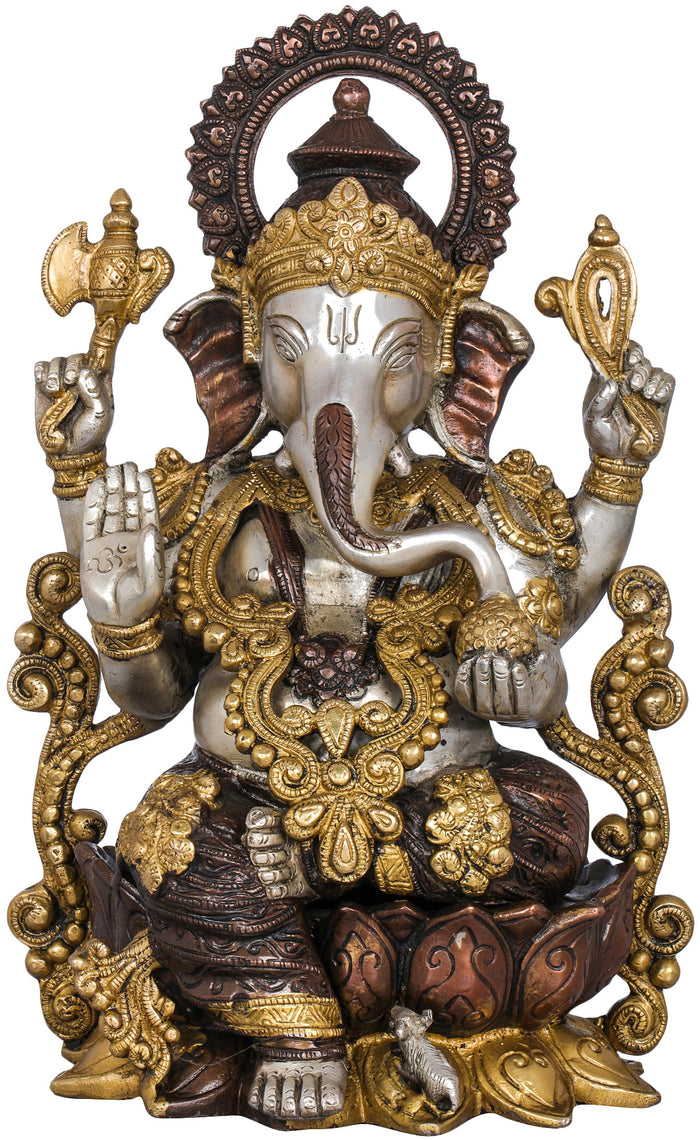 13" Handmade Kamalasana Lord Ganesha Brass Statue