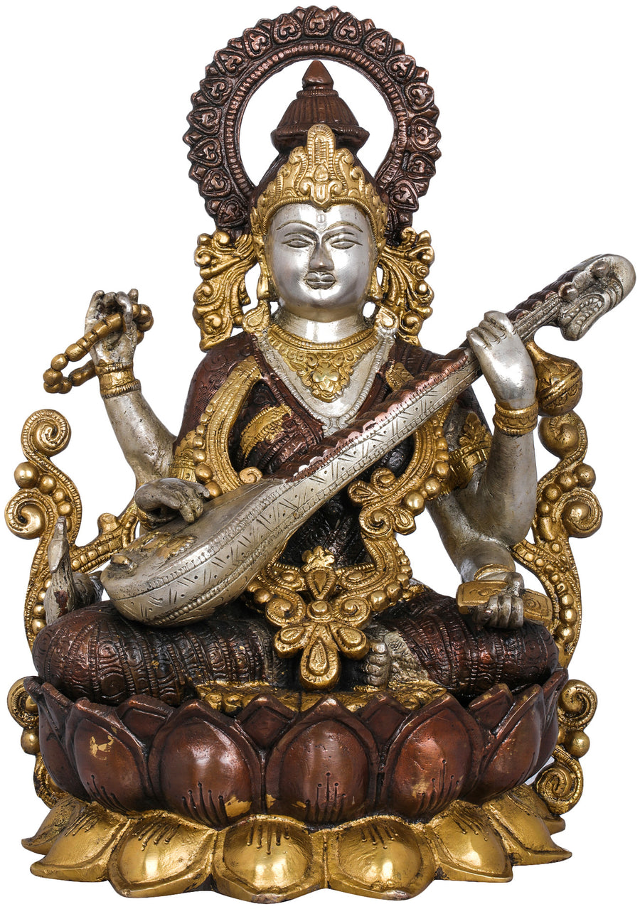 12" Handmade Goddess Saraswati on Kamalasana Brass Statue