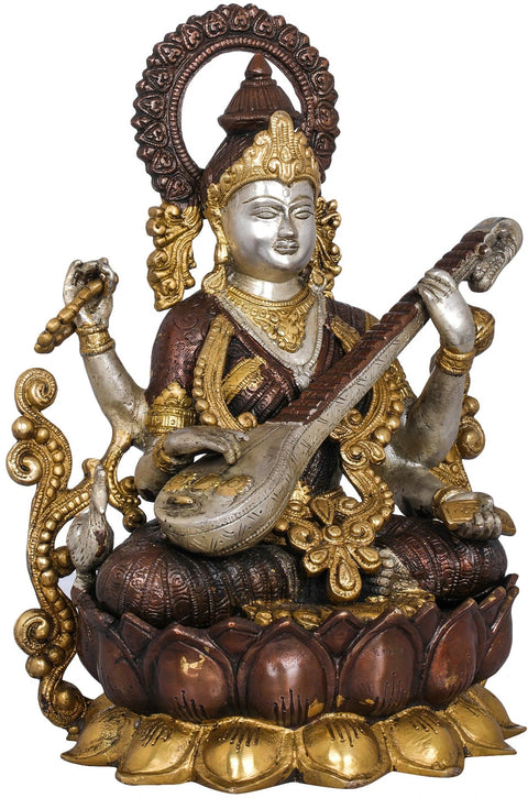 12" Kamalasana Goddess Saraswati In Brass | Handmade | Made In India